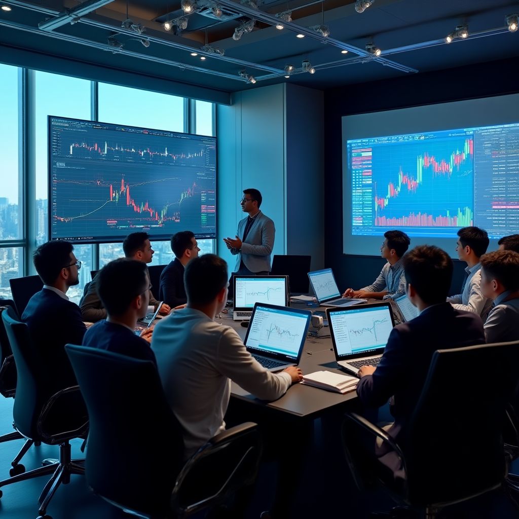 Workshop CriptoInvest cu participanți analizând grafice pe ecrane mari